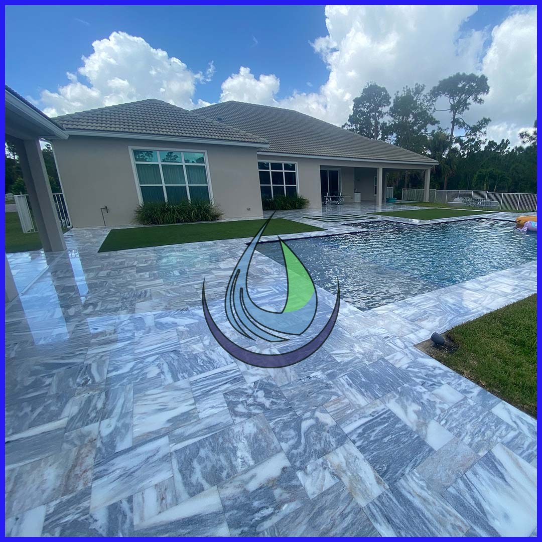 Pool deck and travertine patio, freshly cleaned